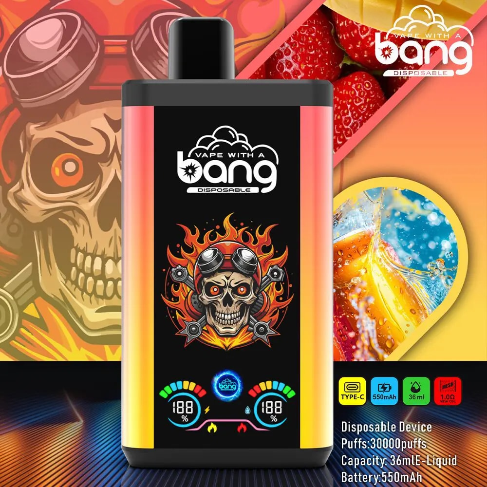 Vape with a Bang disposable device packaging featuring a fiery skull design and product specifications.
