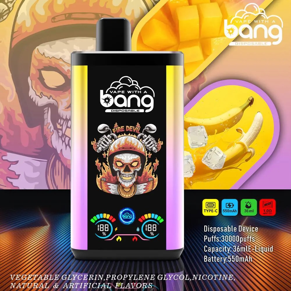 Colorful vape device advertisement with a skull design and information on puffs, capacity, and battery.