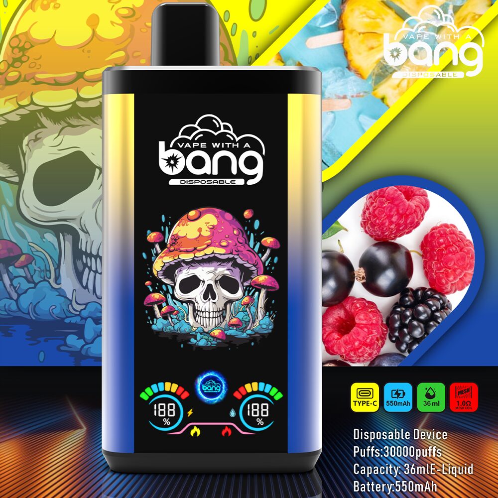 Colorful vape device with a skull and mushroom design, surrounded by images of berries and product specifications including puffs, capacity, and battery life.