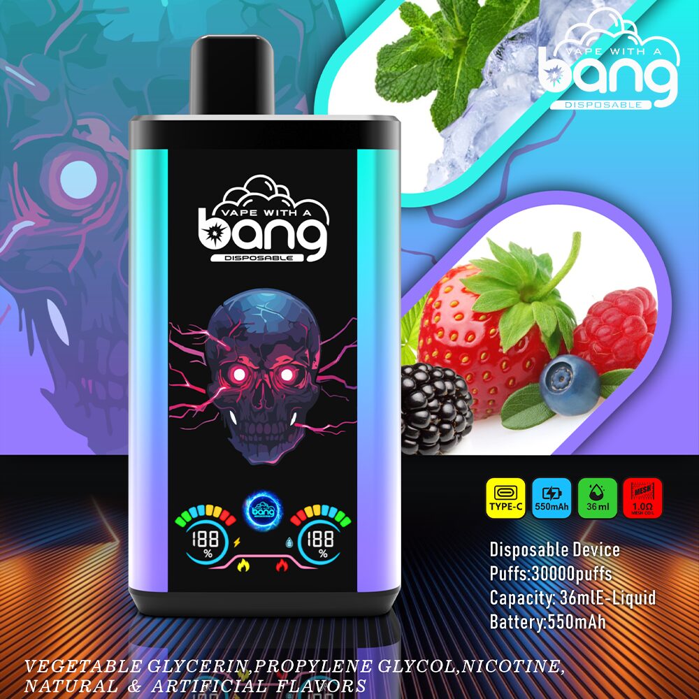 Vape device advertisement featuring a colorful skull design, mint leaves, ice, and assorted berries with product specifications and branding.