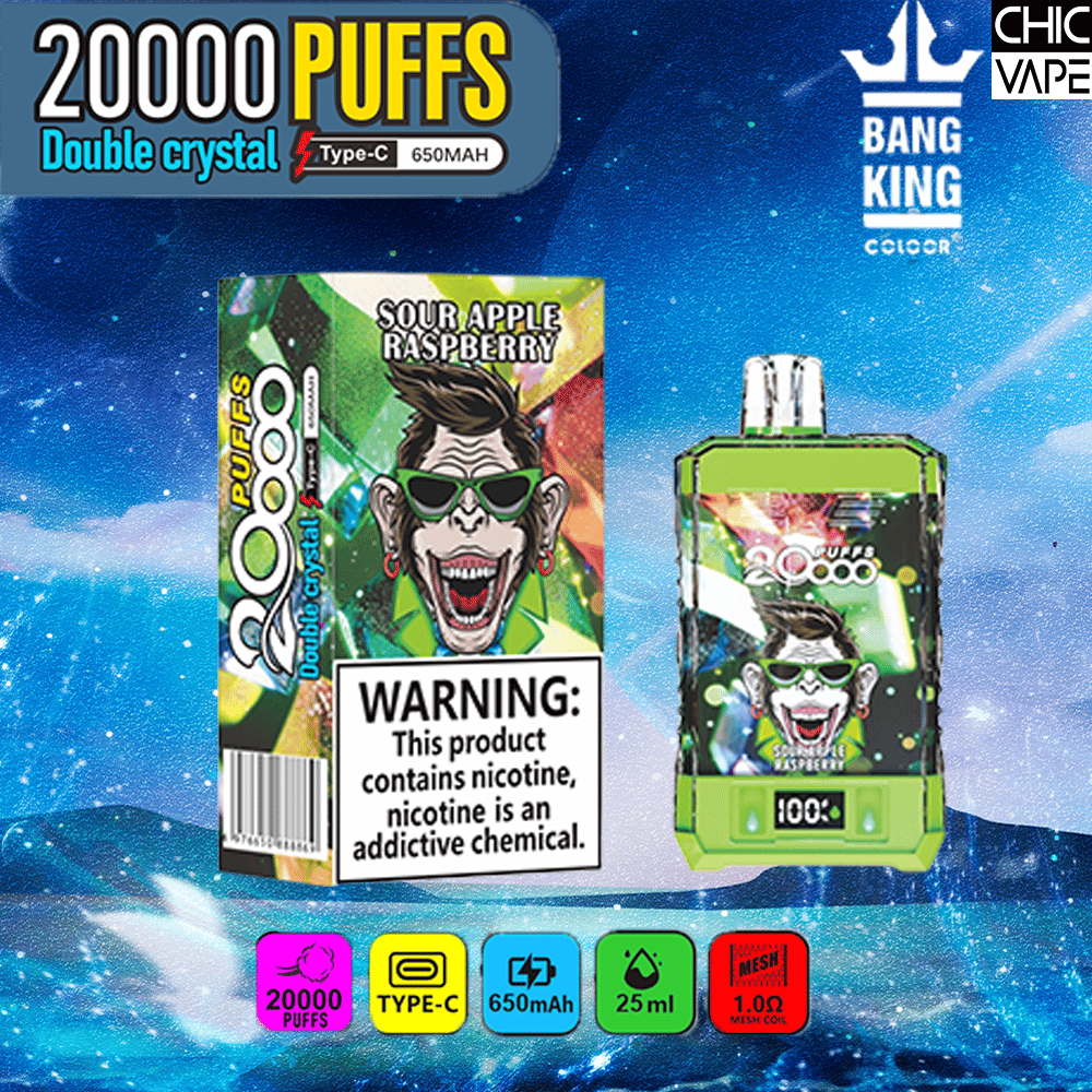 Packaging of a Bang King vape with a sour apple raspberry flavor, featuring a cartoon character and a nicotine warning label. The product is labeled for 20,000 puffs with Type-C charging and a 650mAh capacity.