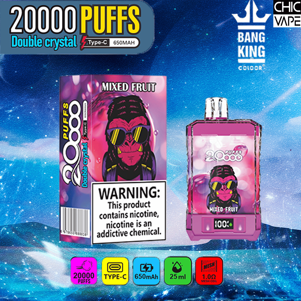 Packaging of a 20,000 puff double crystal vape in mixed fruit flavor featuring a colorful design and health warning label.