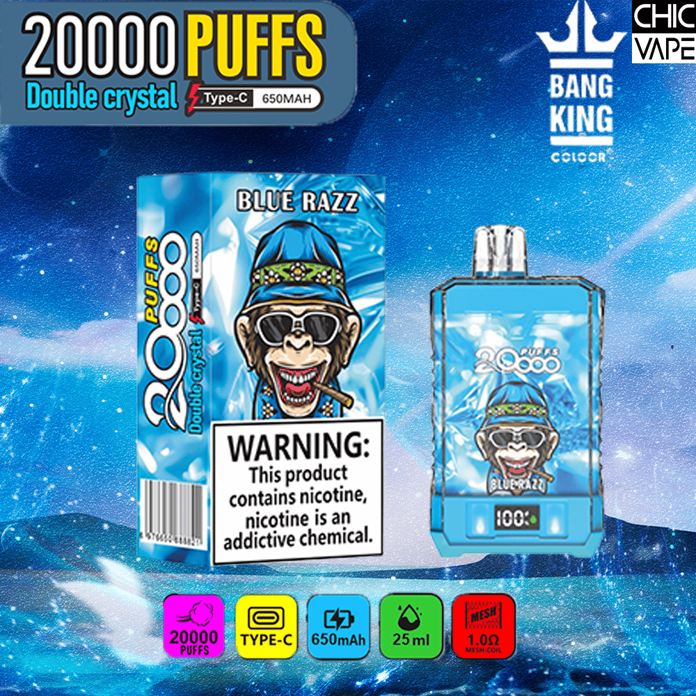 "Blue Razz" vape packaging with a cartoon character, advertising 20,000 puffs, Type-C charging, 650mAh, and 25ml capacity, with a nicotine addiction warning.