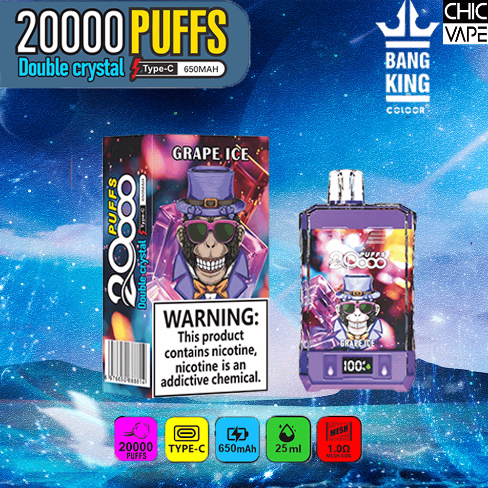 Packaging and device for a grape ice flavored vape with 20,000 puffs, Type-C charging, 650mAh battery, and 25ml capacity.