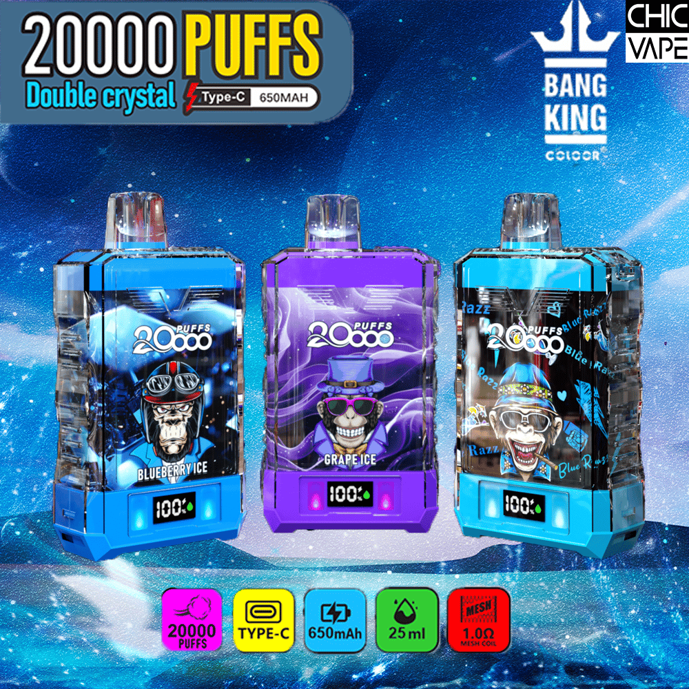 Three colorful vape devices with designs and text indicating 20,000 puffs, various flavors, Type-C charging, and a 650mAh battery capacity.
