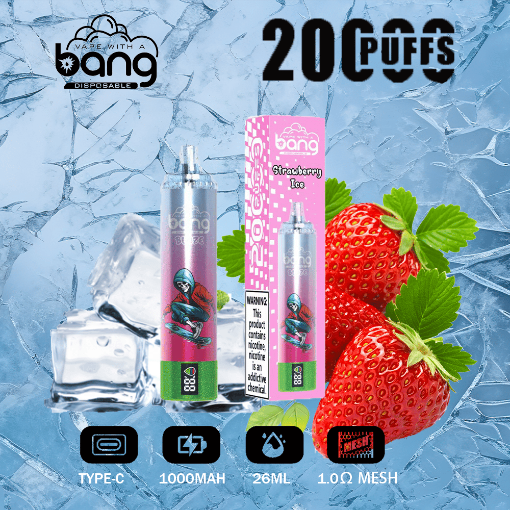 Bang disposable vape with strawberry ice flavor packaging, surrounded by strawberries and ice. Text displays "20,000 puffs," "Type-C," "1000MAH," "26ML," "1.0Ω mesh."