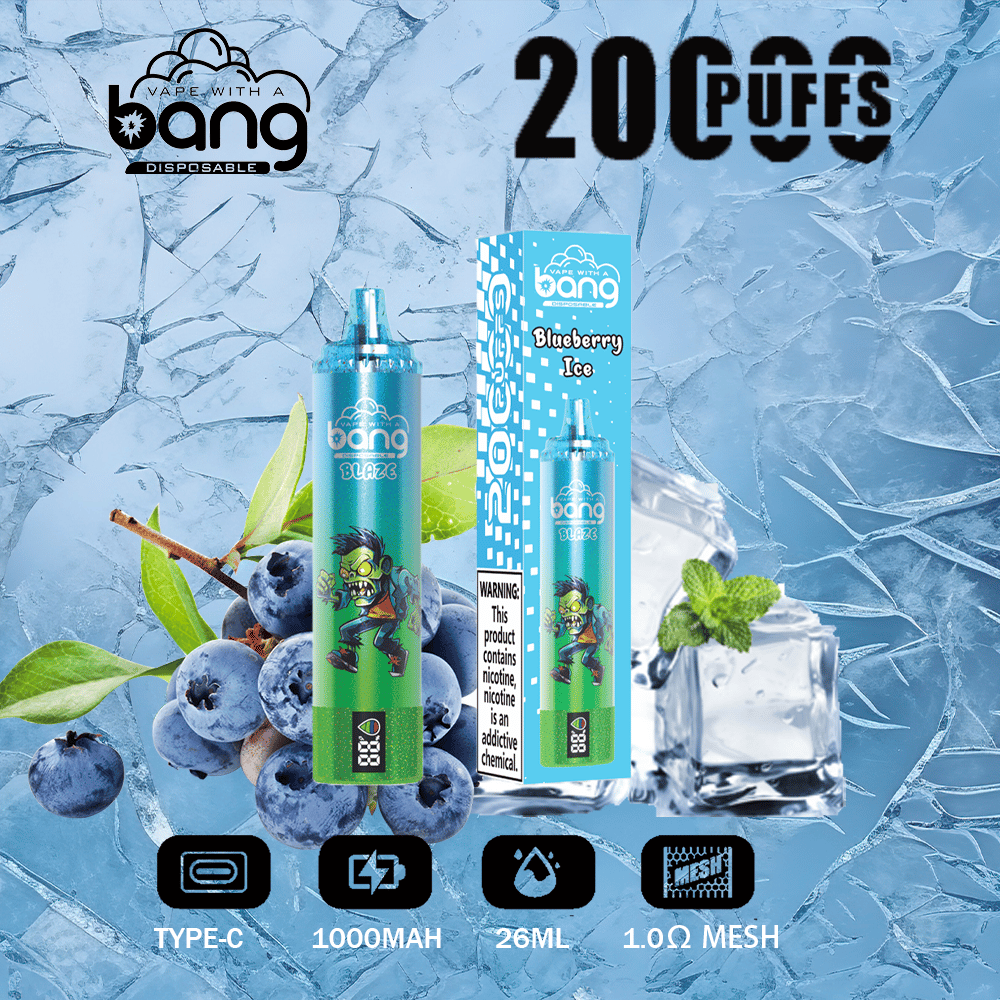 A disposable vape with "Bang Blaze" branding, featuring a "Blueberry Ice" flavor. Text includes "2000 Puffs," "Type-C," "1000mAh," "26ml," and "1.0Ω Mesh." The background displays ice and blueberries.