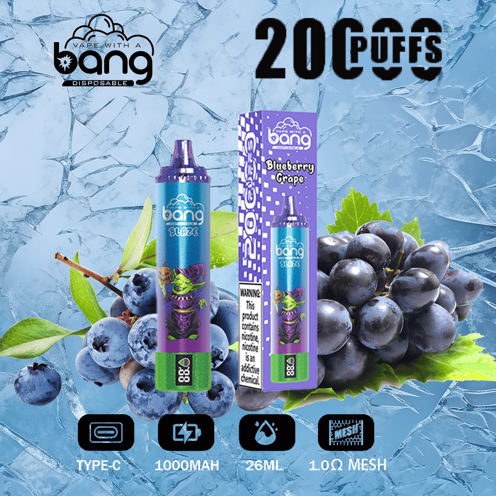 Bang disposable vape with blueberry grape flavor, 2000 puffs, and specifications: Type-C, 1000mAh, 26ml, 1.0Ω mesh, placed against an icy blue background with images of blueberries and grapes.