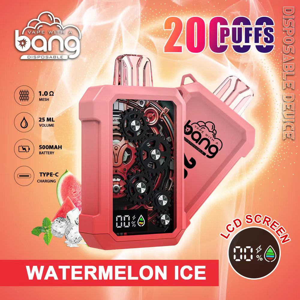 Bang disposable vape device in Watermelon Ice flavor with 20,000 puffs, 25 ml e-liquid capacity, 500mAh battery, Type-C charging, LCD screen showing battery and e-liquid levels, and 1.0Ω mesh coil.