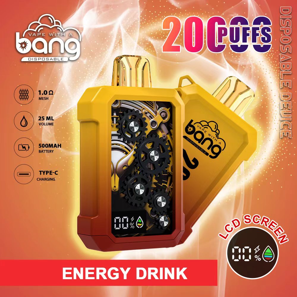 Disposable vape device with "Bang" branding, displaying "Energy Drink" flavor. Features 20,000 puffs, 1.0Ω mesh coil, 25ml capacity, 500mAh battery, Type-C charging, and an LCD screen showing battery and liquid levels.