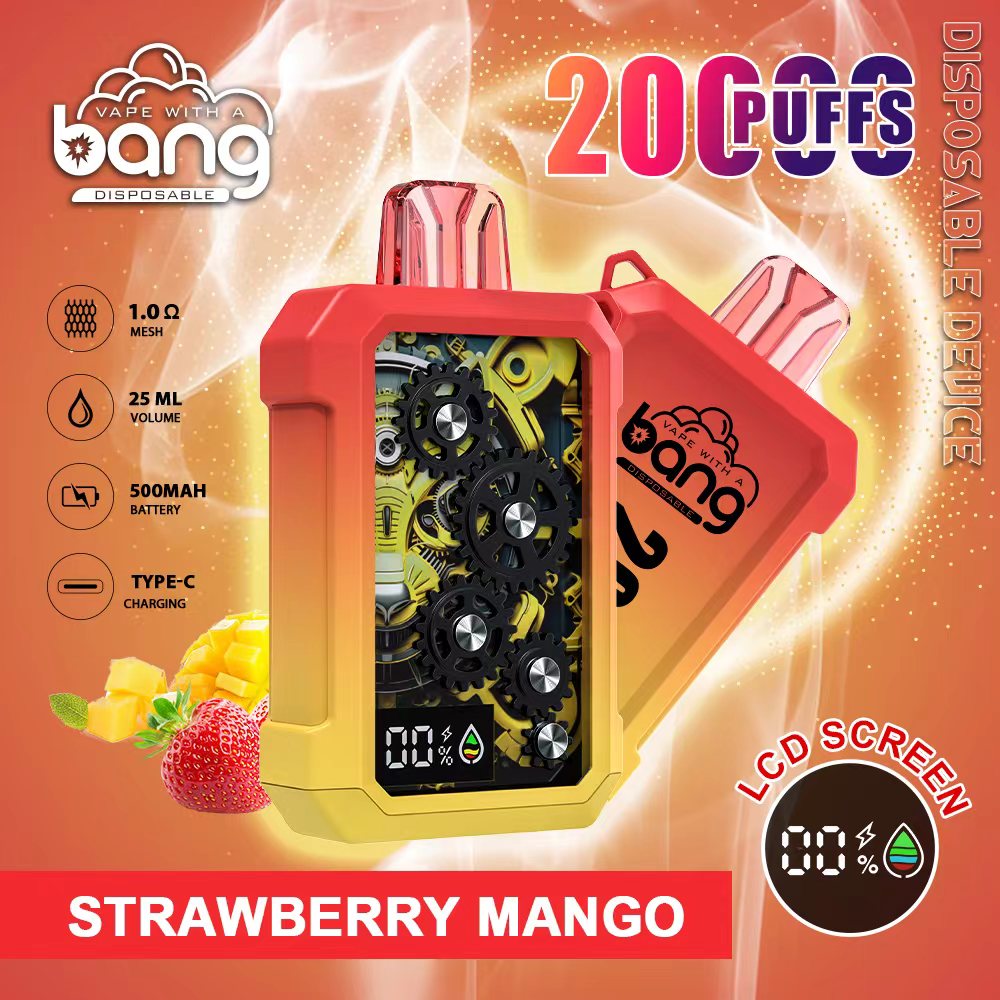 Bang disposable vape device in strawberry mango flavor with 20000 puffs, featuring an LCD screen, 1.0-ohm mesh coil, 25 ml e-liquid capacity, 500mAh battery, and Type-C charging.