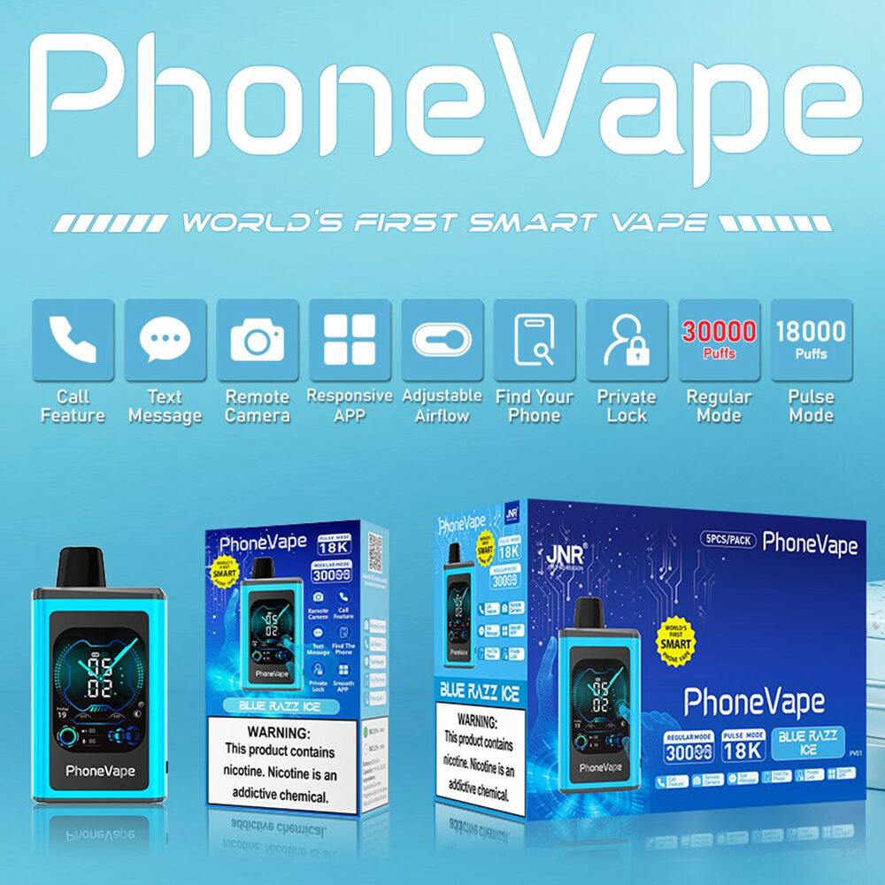 PhoneVape, ein intelligentes Vape-Gerät mit Funktionen wie Anrufen, Textnachrichten, Fernkamera, einstellbarem Luftstrom, privater Sperre und Modi für 30.000 oder 18.000 Züge; auf der Verpackung wird vor Nikotin gewarnt.