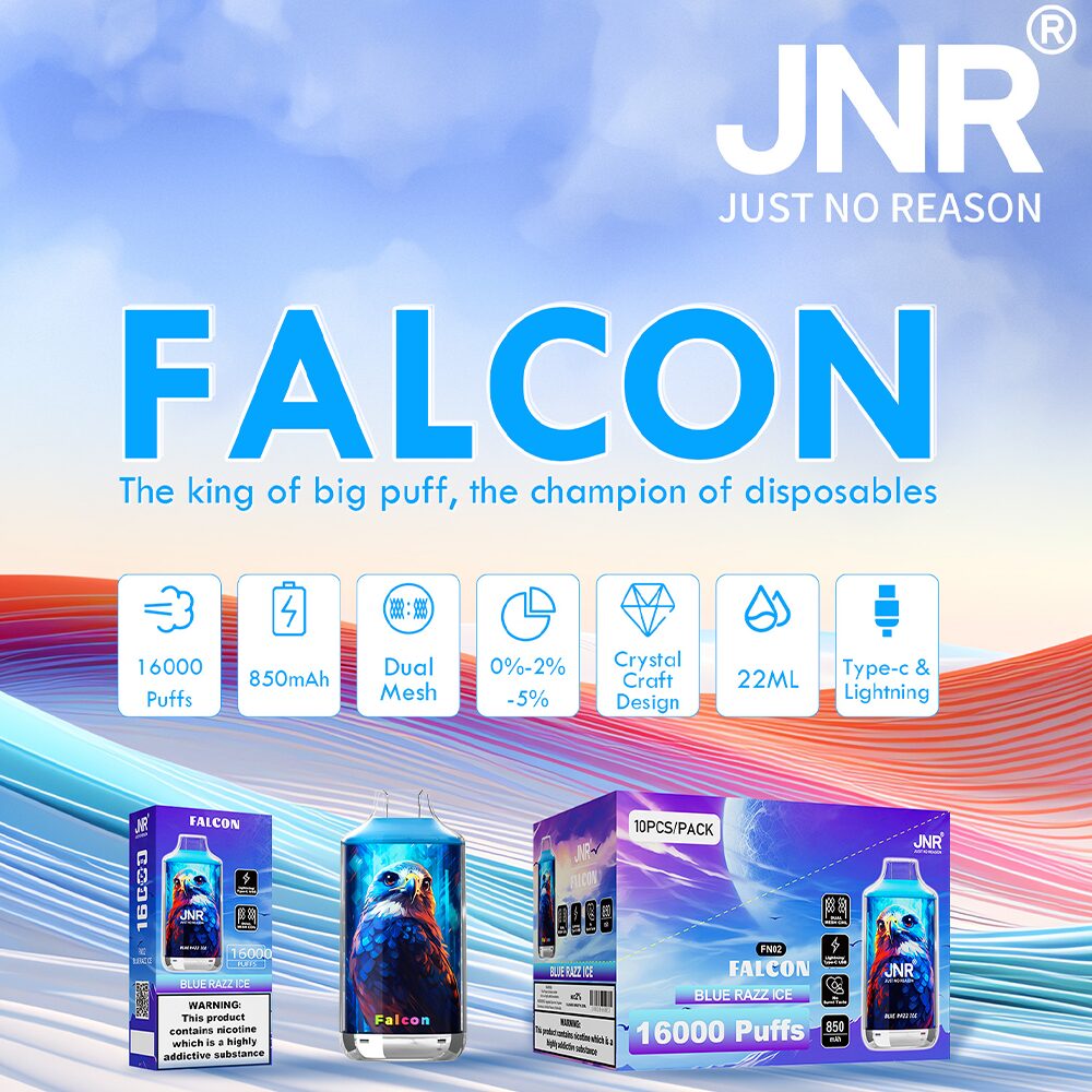 Imagen promocional del vapeador desechable JNR Falcon que cuenta con 16000 caladas, batería de 850mAh, malla dual, opciones de nicotina 0%-5%, diseño artesanal de cristal, 22ml de capacidad y carga Type-C & Lightning.