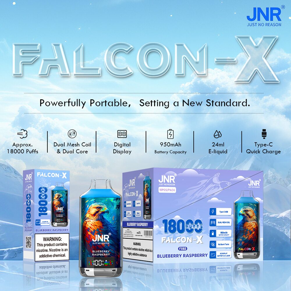 FALCON-X disposable vape device with 18000 puffs, dual mesh coil, digital display, 950mAh battery, 24ml e-liquid, and Type-C quick charge, in blueberry raspberry flavor packaging by JNR.