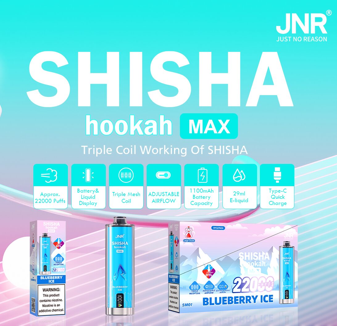 JNR Shisha Hookah Max Blueberry Ice disposable vape with 22000 puffs, 1100mAh battery, 29ml e-liquid, adjustable airflow, battery & liquid display, Type-C quick charge, and triple mesh coil.