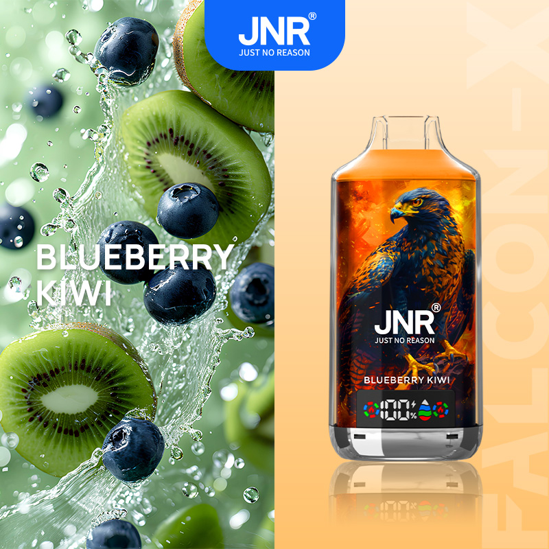 "JNR Blueberry Kiwi vape product with vibrant image of blueberries, kiwi slices, and a fierce falcon illustration on the device packaging."