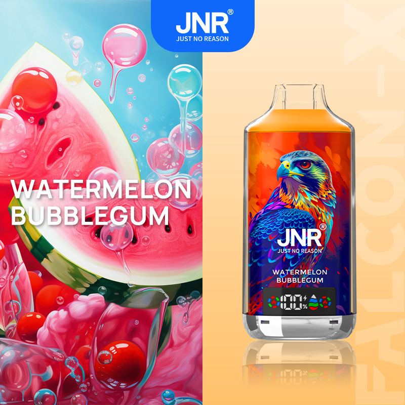 Watermelon Bubblegum vape packaging with vibrant, fruity illustrations and a colorful falcon graphic on the bottle.