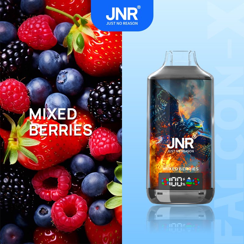 Mixed berries image on the left, vape device with "Mixed Berries" flavor branding and a colorful eagle design on the right.