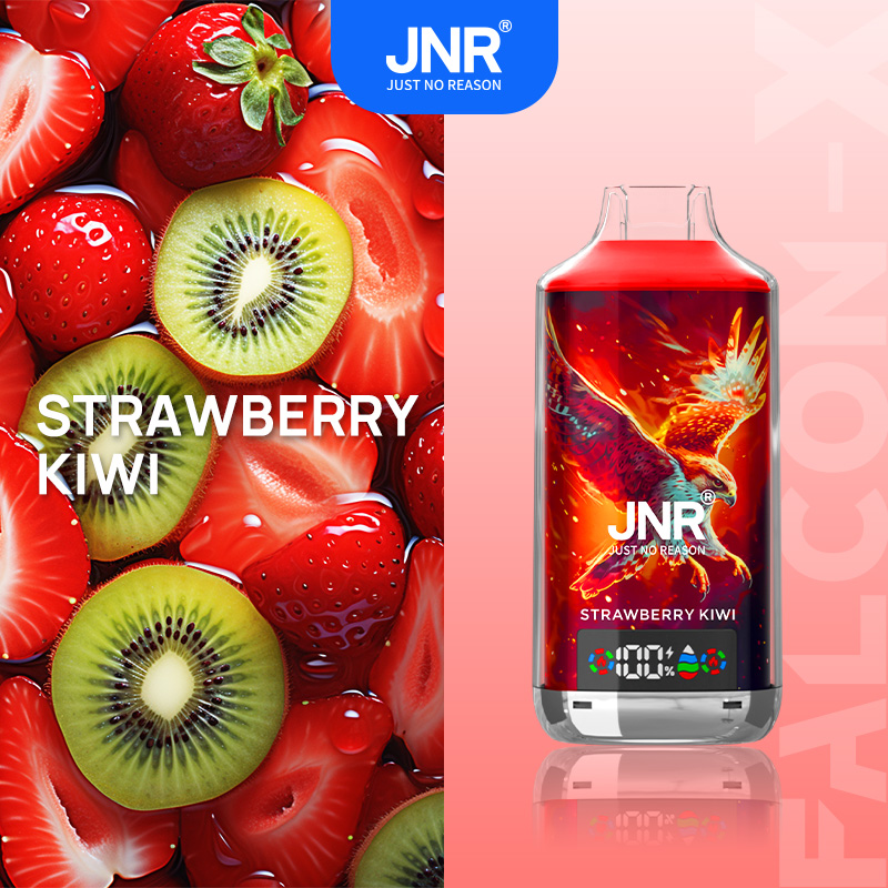 Strawberry kiwi flavor vape by JNR with vibrant red and green fruit visuals and a falcon illustration on the device.