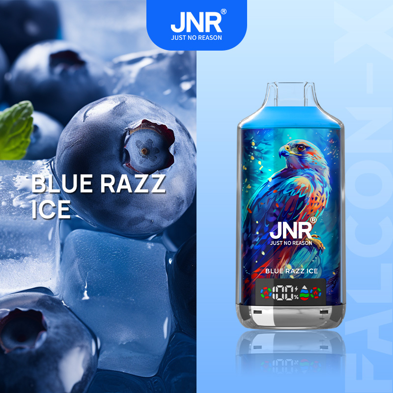 Blue Razz Ice vape device with blueberry and ice cube imagery, featuring a colorful falcon design on the device.