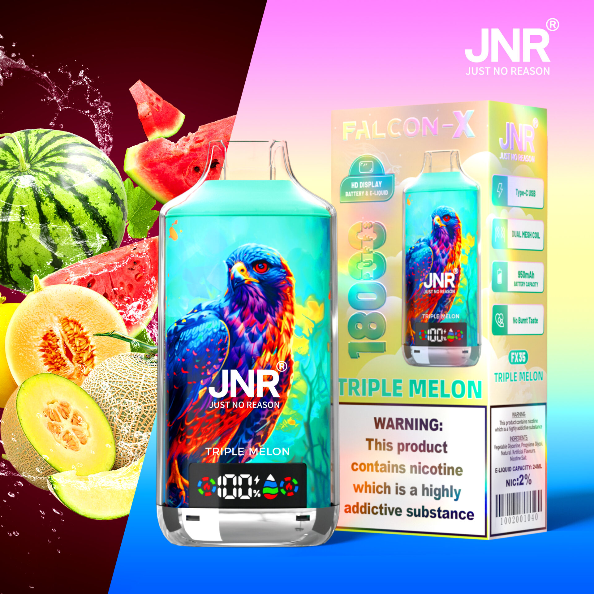 Colorful JNR Falcon-X vape device and packaging featuring a vibrant hawk illustration with "Triple Melon" flavor; warning label highlights nicotine content and addictive nature.