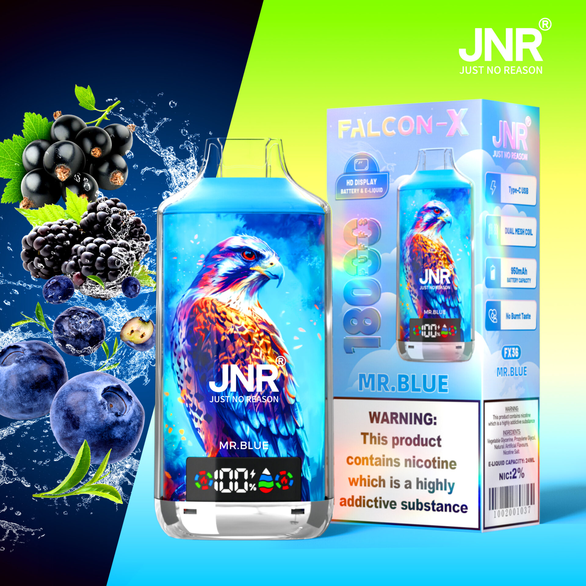 Falcon-X vape device with "Mr. Blue" flavor packaging featuring a colorful falcon design, berries, and product information, including 1800 puffs, 950mAh battery, and nicotine warning.
