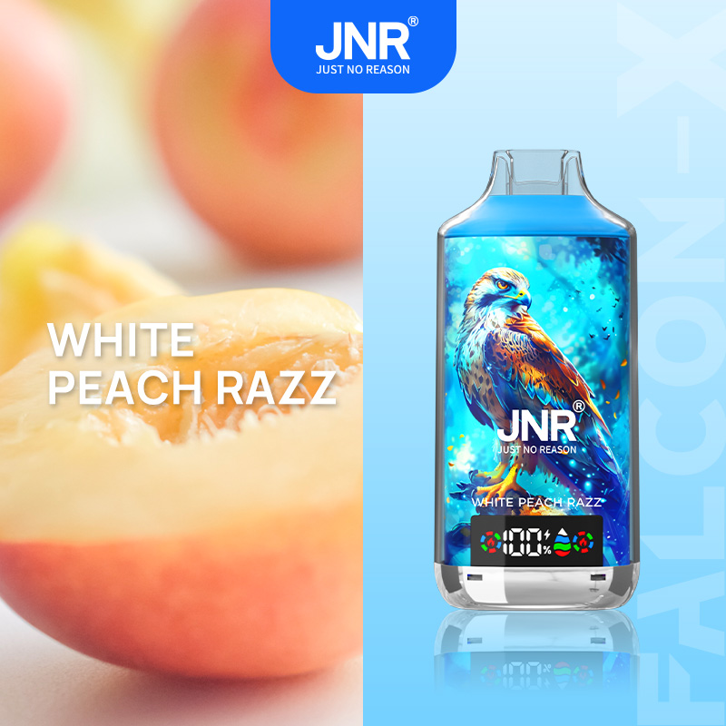 White Peach Razz vape juice bottle with a hawk illustration and digital battery indicator, next to an image of a sliced white peach.