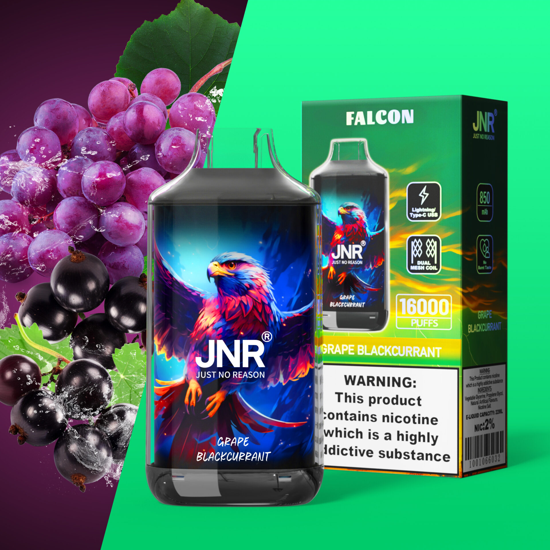 Grape and blackcurrant vape product with 16,000 puffs, featuring a colorful eagle illustration on the packaging and bottle, alongside images of grapes and blackcurrants.