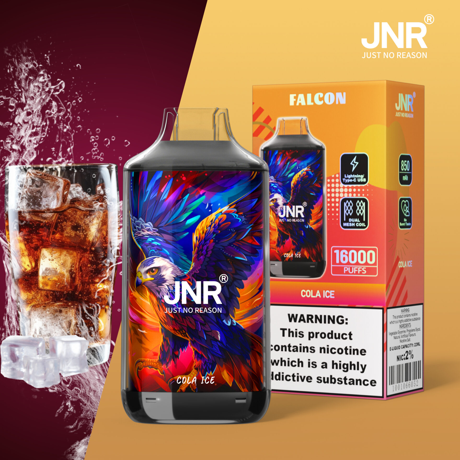 JNR Falcon Cola Ice vape packaging featuring a vibrant eagle design, 16,000 puffs, nicotine warning, and Type-C charging