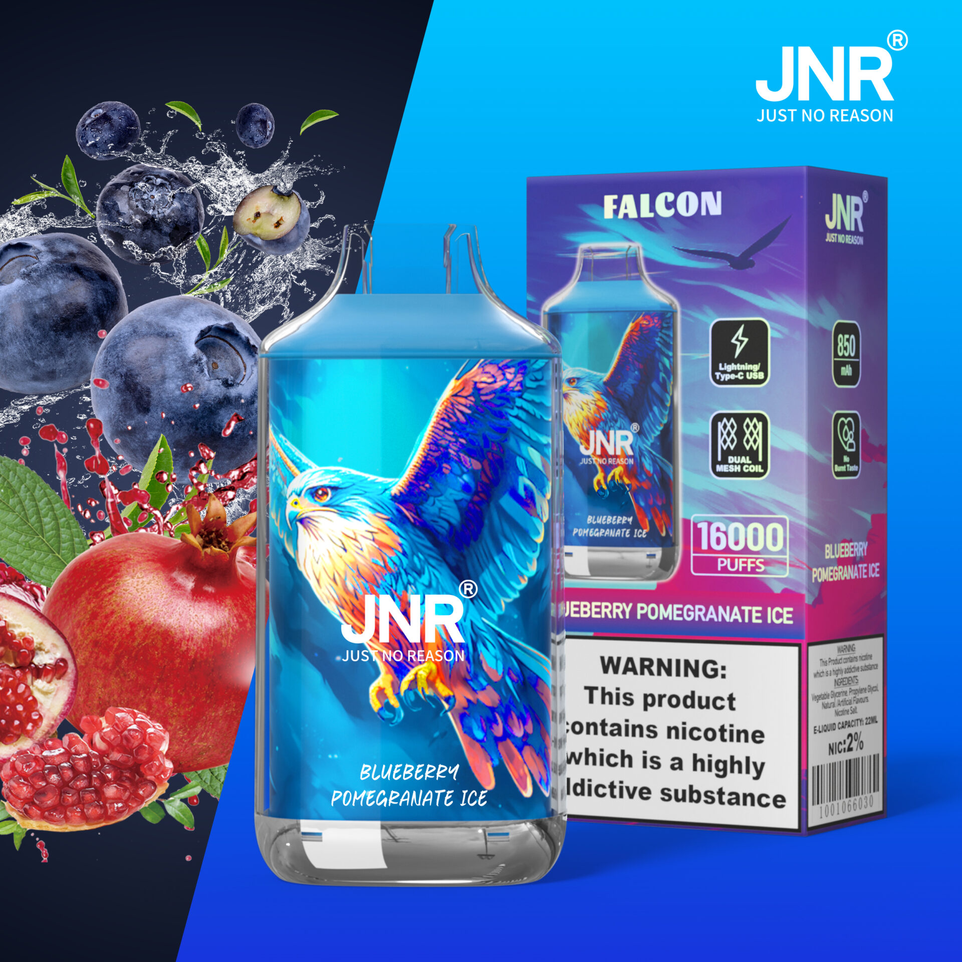JNR Falcon vape packaging featuring a vibrant bird illustration, promoting a blueberry pomegranate ice flavor with 16,000 puffs. Warnings indicate nicotine content and addictive properties.