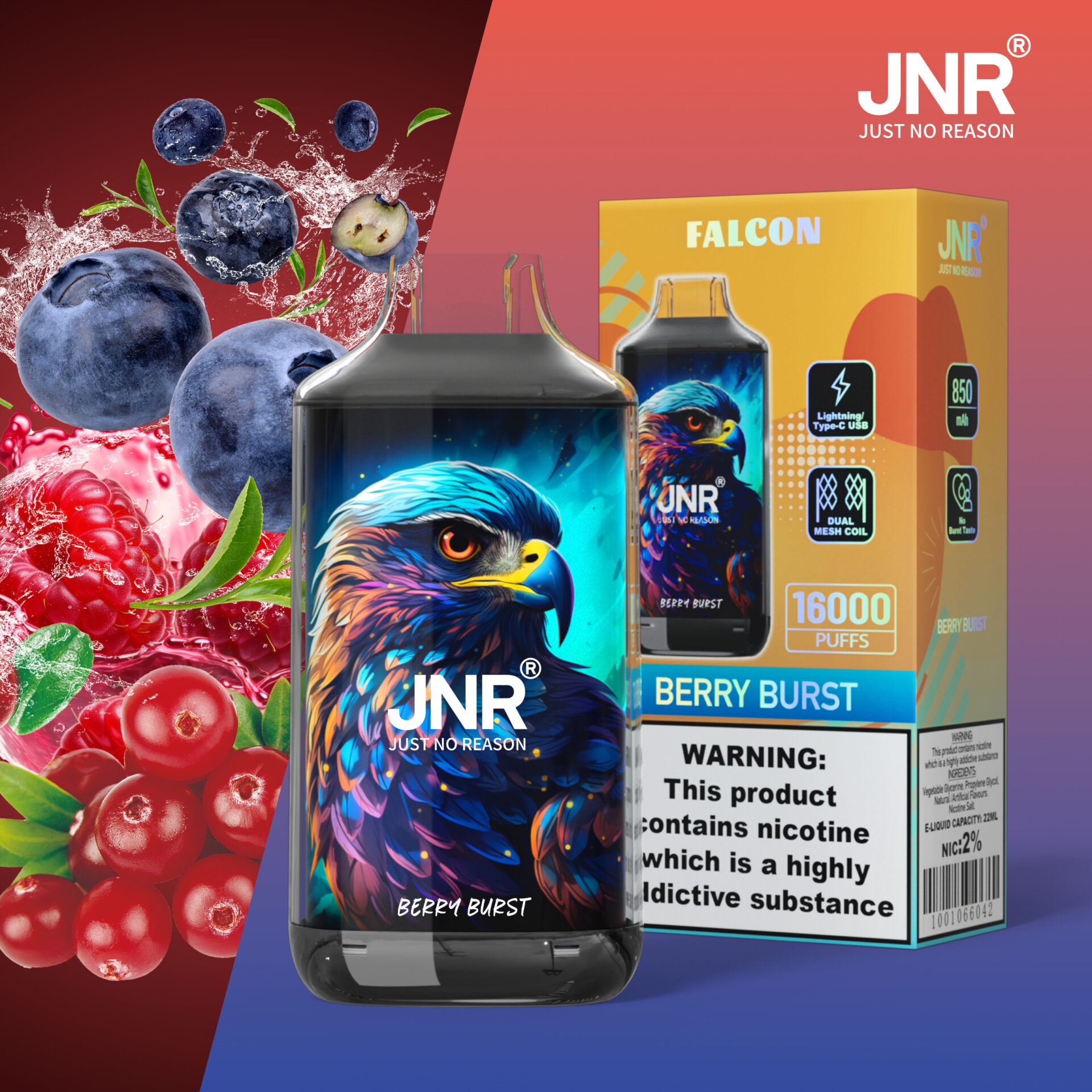 JNR Berry Burst disposable vape featuring a vibrant hawk illustration, packaging showing 16,000 puffs, 850mAh battery, and nicotine warning. Background includes blueberries, raspberries, and cranberries.