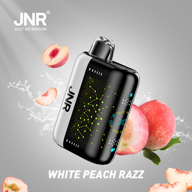 JNR vape device with a white peach and raspberry flavor, displayed with peach slices and splashes of water.