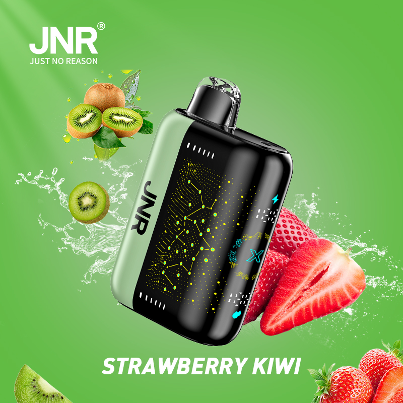 "JNR vape device with strawberry kiwi flavor, featuring a sleek black and green design, surrounded by splashing strawberries and kiwi fruit on a green background."