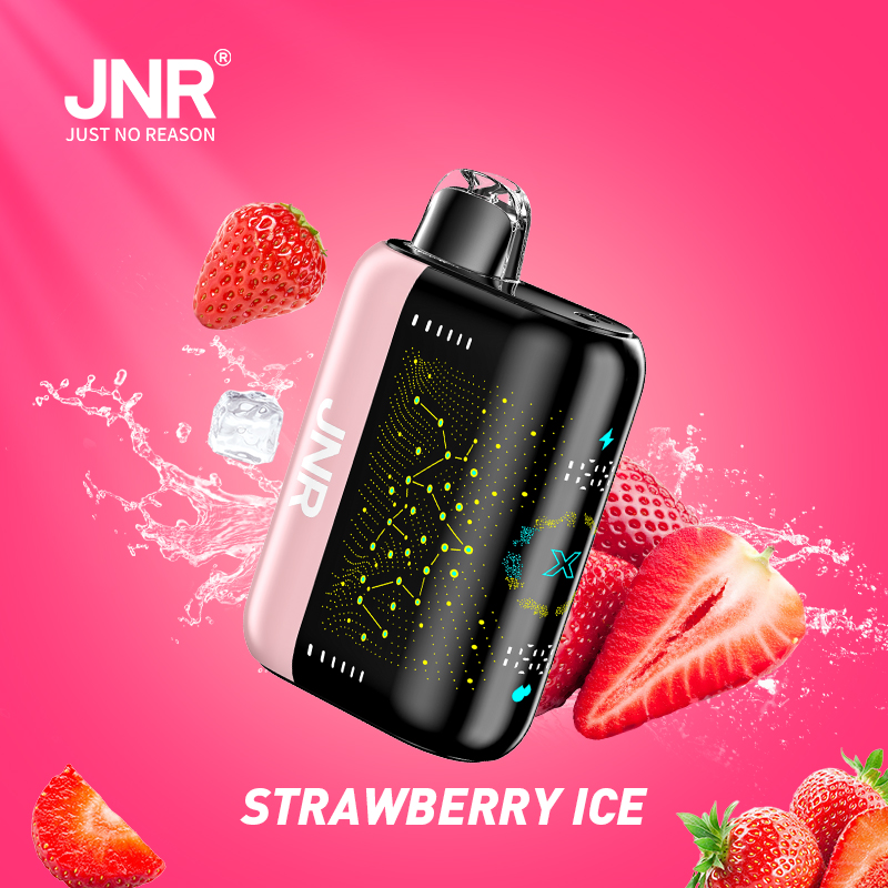 JNR vape device in pink and black with strawberry ice flavor, surrounded by strawberries, ice cubes, and splashes of water against a pink background.