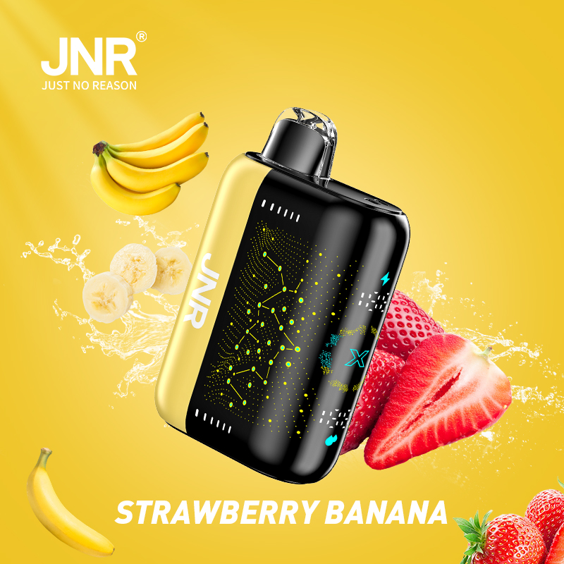 "JNR vape device with strawberry banana flavor, featuring bananas, strawberries, and splashing juice on a yellow background."