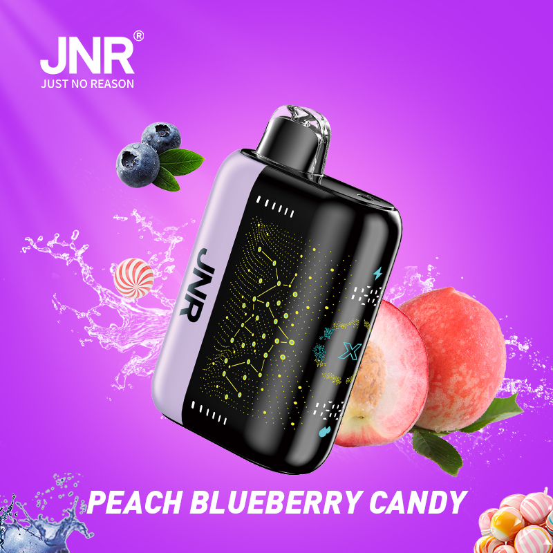 JNR vape device with "Peach Blueberry Candy" flavor, surrounded by images of peaches, blueberries, candy, and water splashes on a purple background.