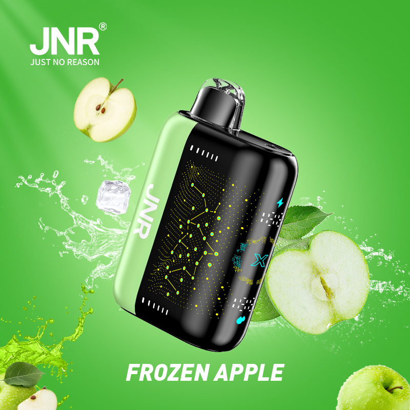 JNR Frozen Apple vape with green apple slices and ice cubes on a vibrant green background.