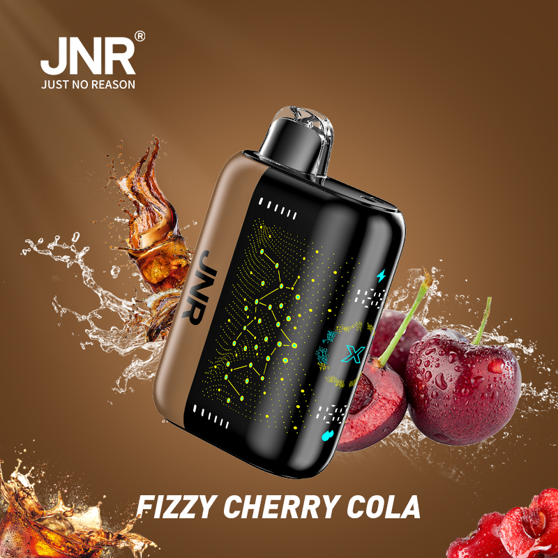 "JNR vape device with Fizzy Cherry Cola flavor, featuring a sleek black and gold design, surrounded by splashing cola and cherries."
