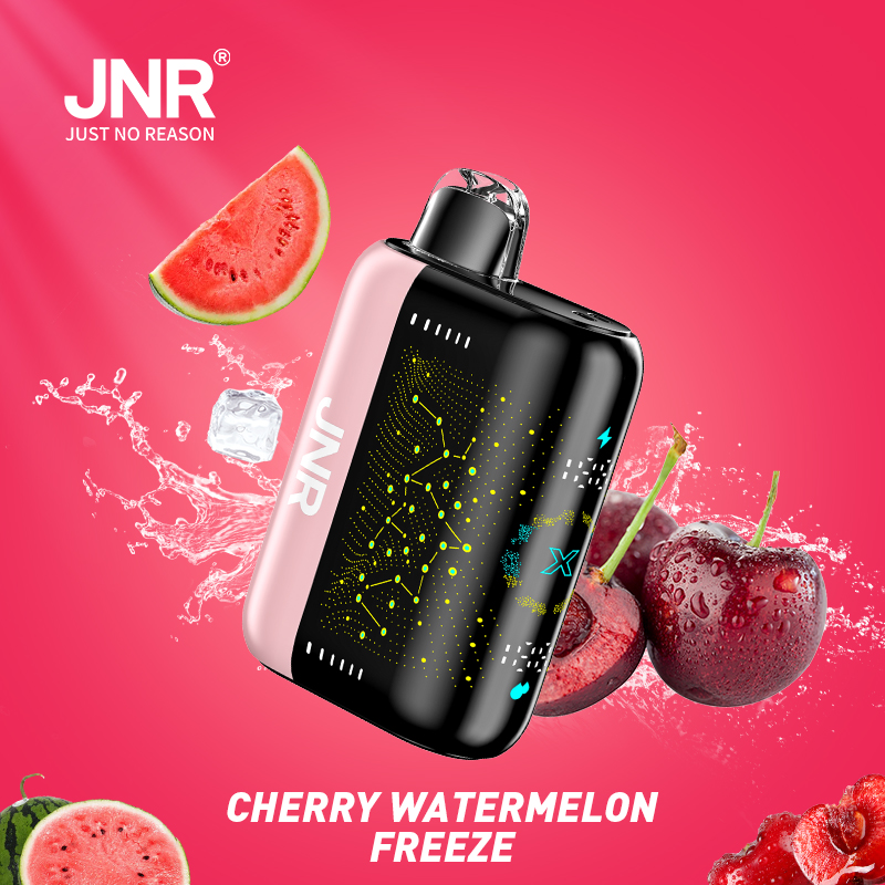 JNR vape device with "Cherry Watermelon Freeze" flavor, surrounded by images of cherries, watermelon slices, ice cubes, and splashing water, set against a red background.