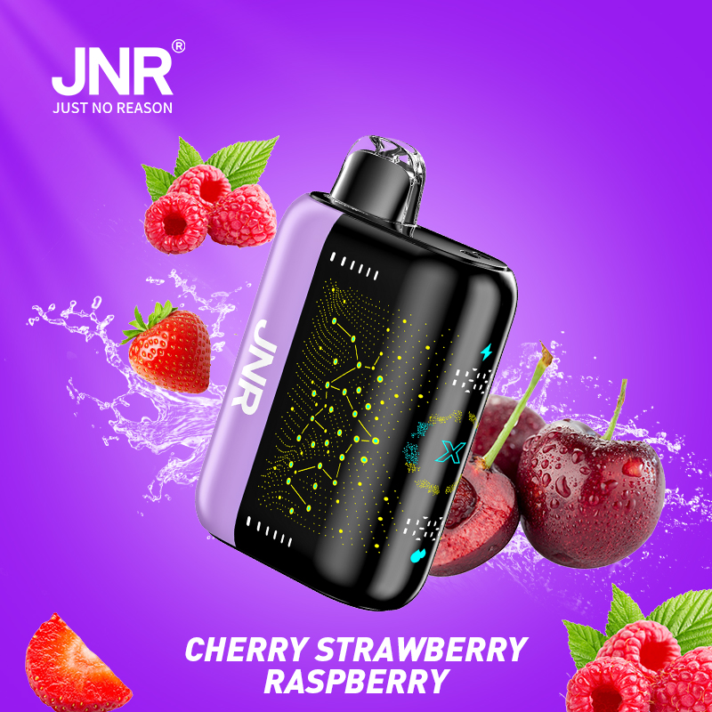JNR vape device with cherry, strawberry, and raspberry flavor illustrations on a purple background.