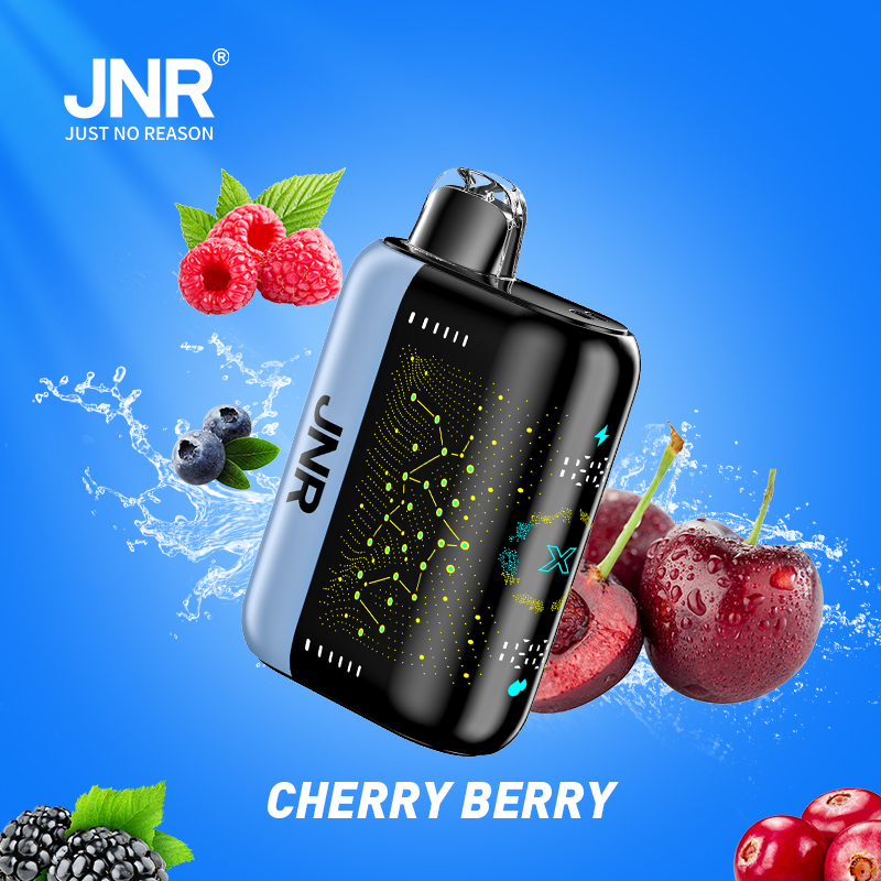 JNR Cherry Berry vape device with raspberries, blueberries, blackberries, and cherries on a blue background.