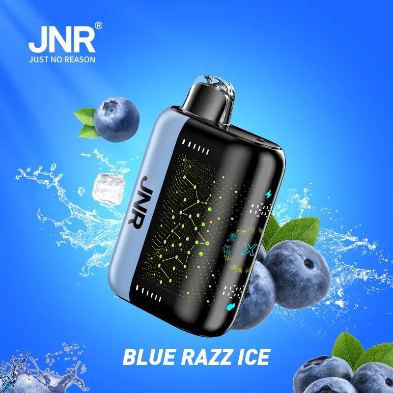 JNR Blue Razz Ice vape device with blueberries, ice cubes, and water splash on a blue background.