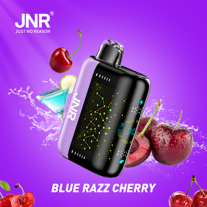 "JNR vape device with a blue razz cherry flavor, surrounded by cherries, a lime drink, and splashes of water on a purple background."