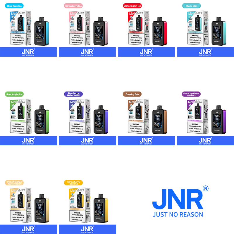 Various JNR Mega Max vape devices in different flavors, including Blue Razz Ice, Strawberry Ice, Watermelon Ice, Miami Mint, Sour Apple Ice, Blueberry Watermelon, F***ing Fab, Cherry Strawberry Raspberry, Peach Mango Watermelon, and Strawberry Banana, displayed with packaging.