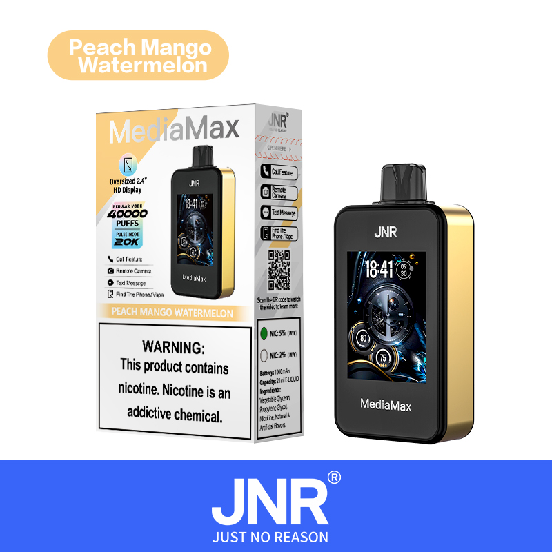 "JNR MediaMax vaping device with an HD display, 40,000 puffs capacity, and Peach Mango Watermelon flavor, shown alongside its packaging with nicotine warning label."