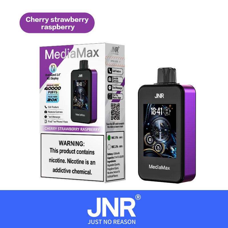 JNR MediaMax vape device with cherry strawberry raspberry flavor, featuring a 2.4-inch HD display, 40,000 puffs capacity, and nicotine content warning.