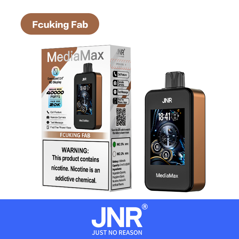 "JNR MediaMax vape device with 2.4-inch HD display, showcasing product packaging and warning label about nicotine addiction."