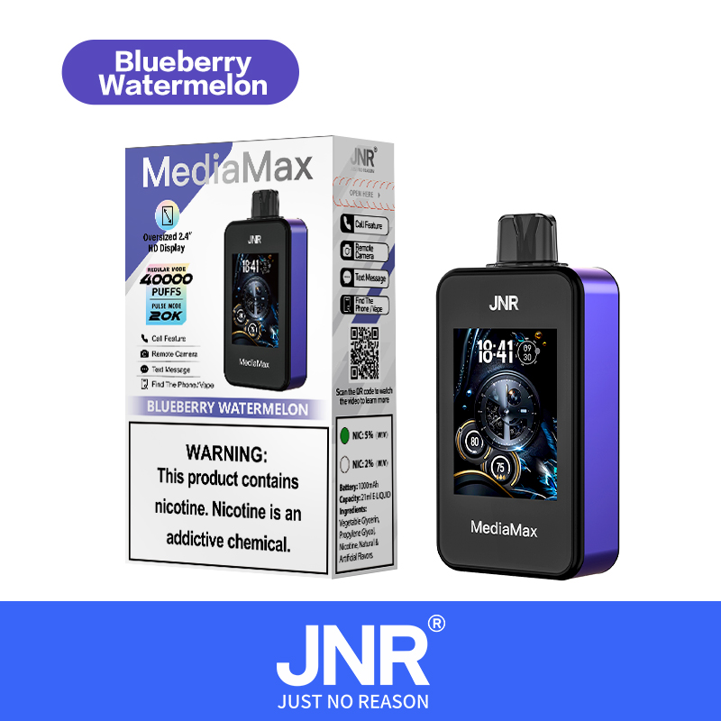 JNR MediaMax vape device in blueberry watermelon flavor, featuring an HD display, 40000 puffs capacity, and nicotine content warning.