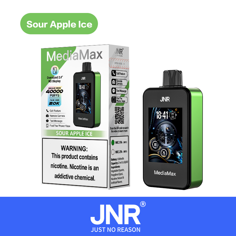 JNR MediaMax vape device in "Sour Apple Ice" flavor with a green exterior, featuring a 2.4" HD display and 40,000 puffs capacity. Warning label about nicotine addiction is visible on the packaging.