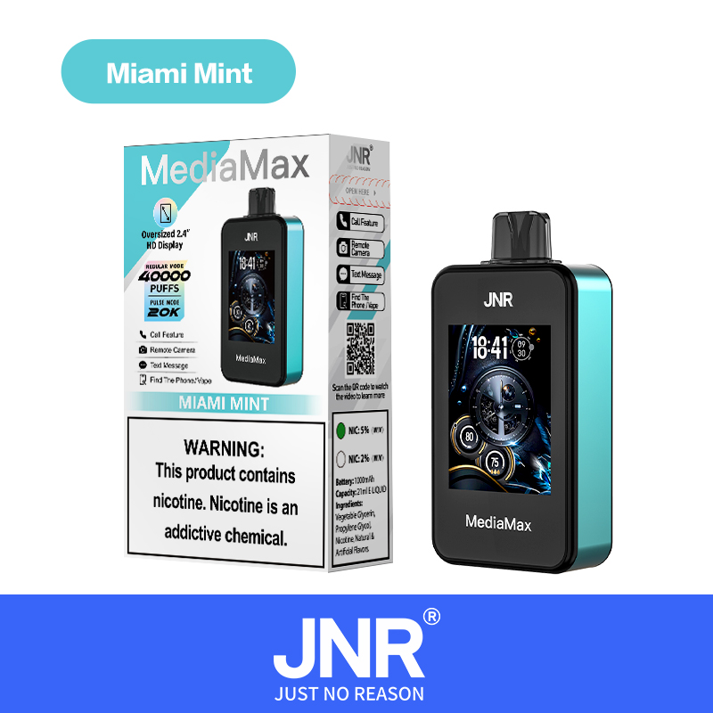 JNR MediaMax vape device in "Miami Mint" flavor with a large display showing digital dials. The packaging highlights features such as 40,000 puffs, oversized 2.4" HD display, and nicotine content of 5% and 2%. Warning label indicates the presence of nicotine.